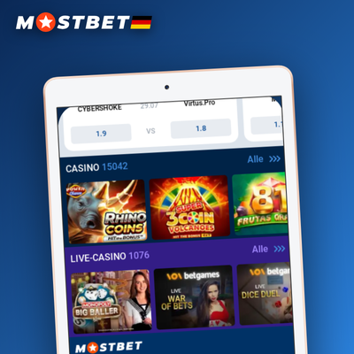 Mostbet Casino App mit Spielkarten, Roulette-Rad und Slot-Walzen