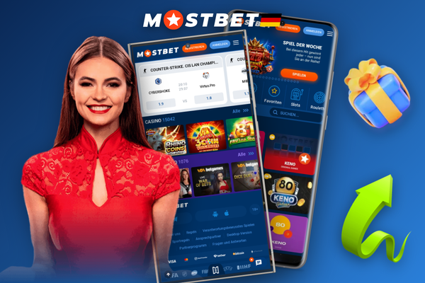 Hand hält Smartphone mit Mostbet-App vor unscharfem Sportstadion